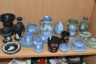 TWENTY THREE PIECES OF WEDGWOOD JASPERWARE, including two vases of black basalt and terracotta