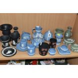 TWENTY THREE PIECES OF WEDGWOOD JASPERWARE, including two vases of black basalt and terracotta