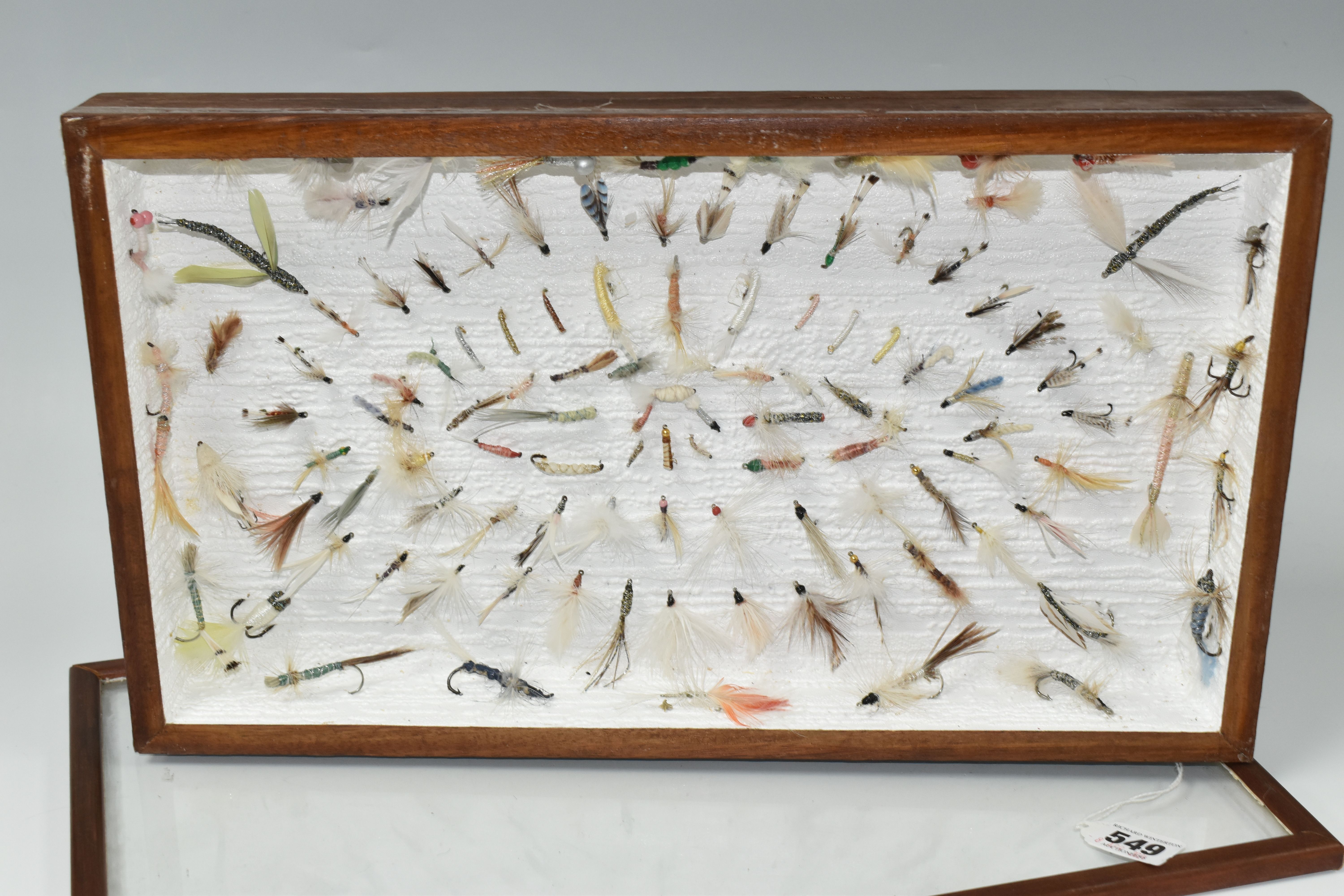 A DISPLAY BOX OF VINTAGE SALMON AND TROUT FLIES, a quantity of flies are mounted into a glass topped - Image 2 of 6