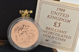 A UK BRILLIANT UNCIRCULATED £5 GOLD COIN 1988, struck in 22ct gold, 39.94 grams, 36.02mm diameter,