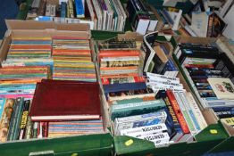 FIVE BOXES OF ASSORTED FICTION AND NON FICTION BOOKS, to include a box of vintage Penguin books,