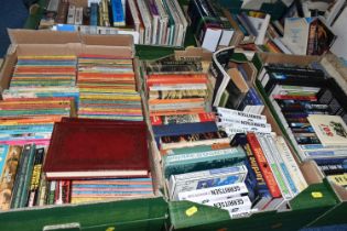 FIVE BOXES OF ASSORTED FICTION AND NON FICTION BOOKS, to include a box of vintage Penguin books,