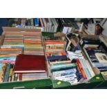 FIVE BOXES OF ASSORTED FICTION AND NON FICTION BOOKS, to include a box of vintage Penguin books,