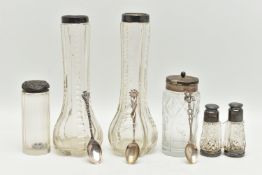 A SELECTION OF SILVER TOPPED GLASS ITEMS, to include a novelty salt and pepper shaker, designed as