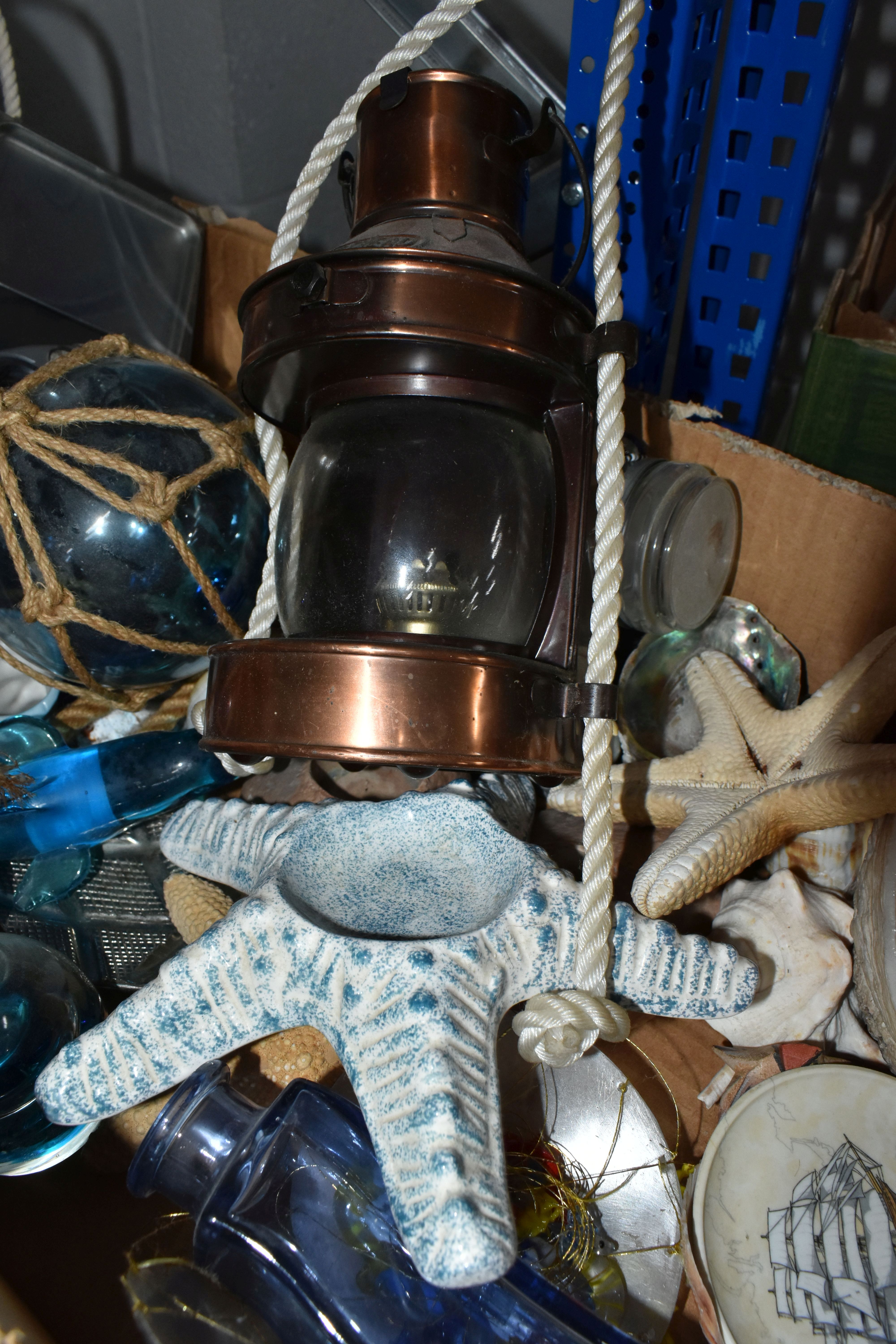 TWO BOXES AND LOOSE NAUTICAL ORNAMENTS AND BINOCULARS, to include a reproduction ships lamp, Titanic - Image 10 of 11