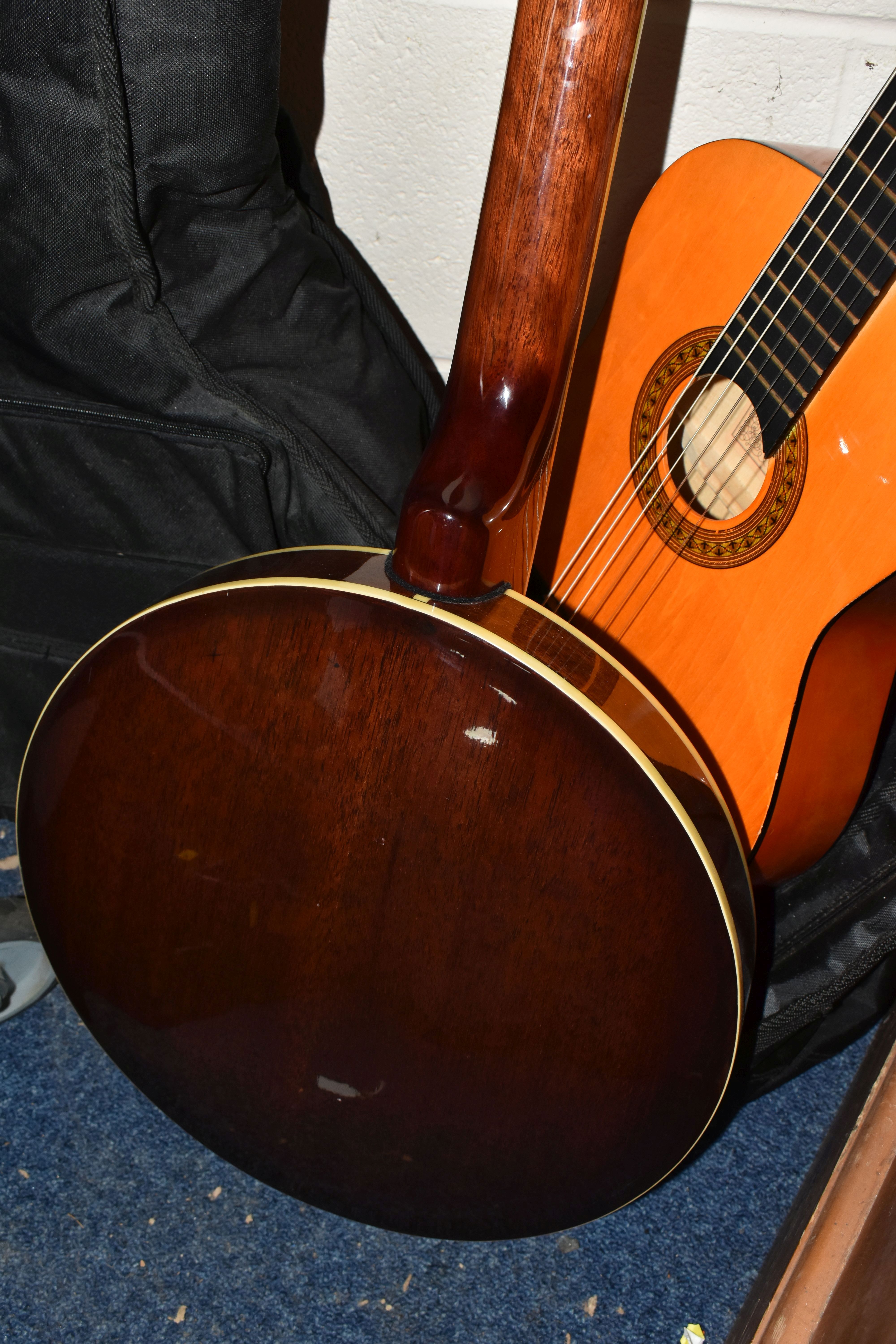 A 'VINTAGE' BANJO AND CHILD'S ACOUSTIC GUITAR, comprising a six string banjo with a soft case and - Image 7 of 8