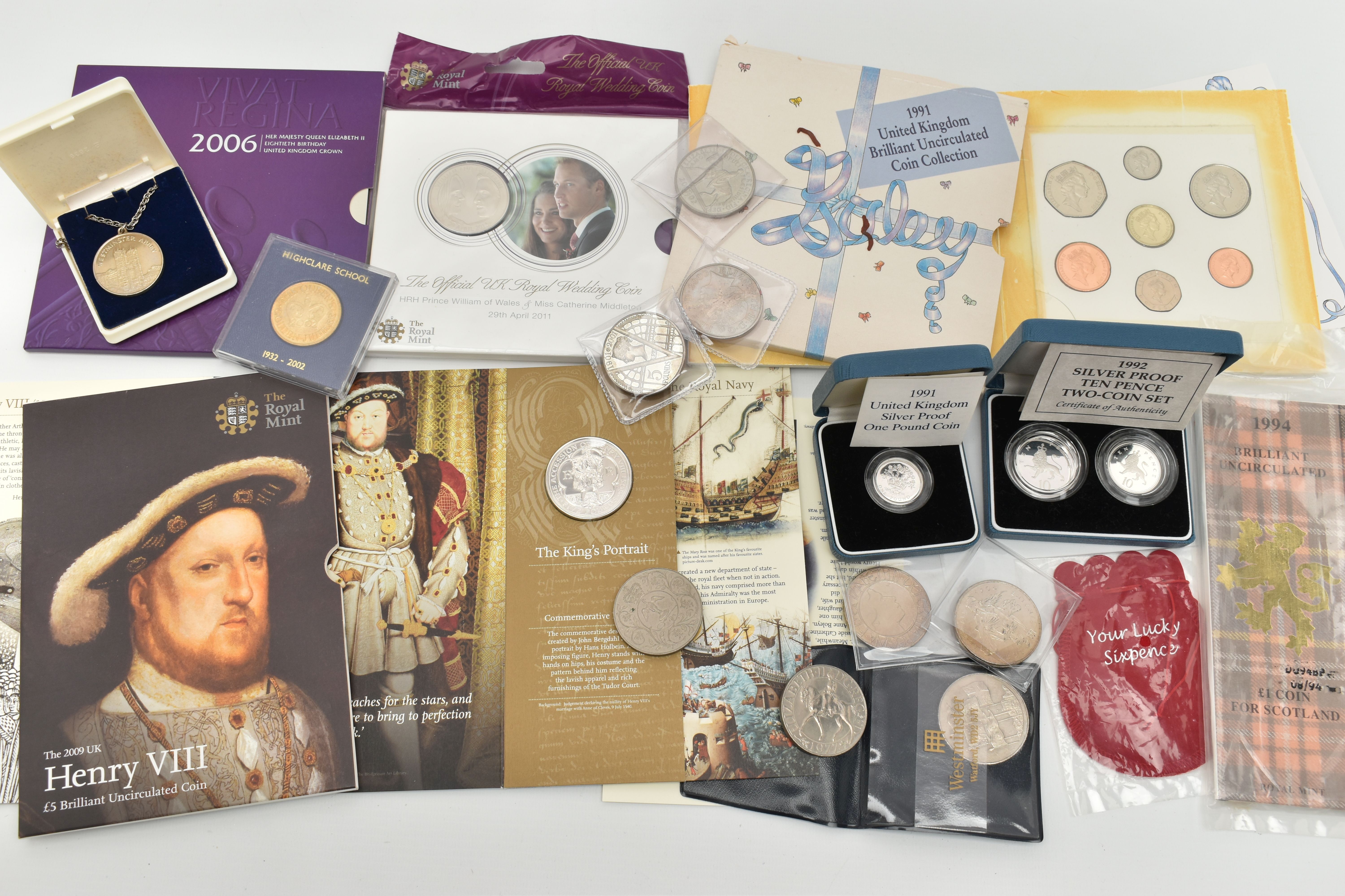A BOX OF ROYAL MINT COINAGE, to include 1992 Silver Proof Ten Pence two coin set, 1991 Silver