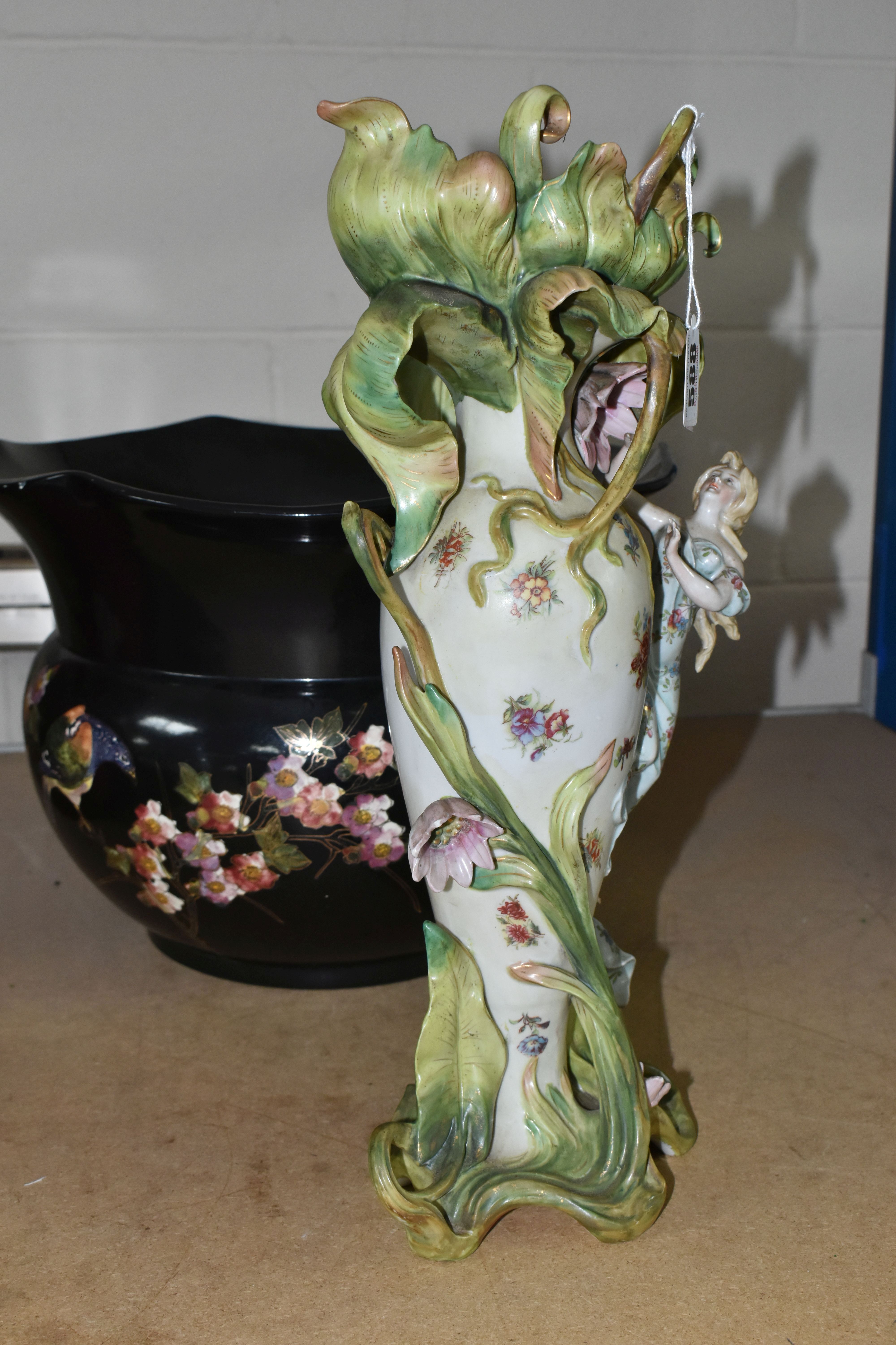 A LARGE BRETBY POTTERY JARDINIERE/PLANTER, decorated with pink and gilt floral design on a black - Image 2 of 9