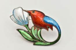 A NORWEGIAN 'DAVID ANDERSEN' BROOCH, designed as a hummingbird and flower, guilloche enamel detail