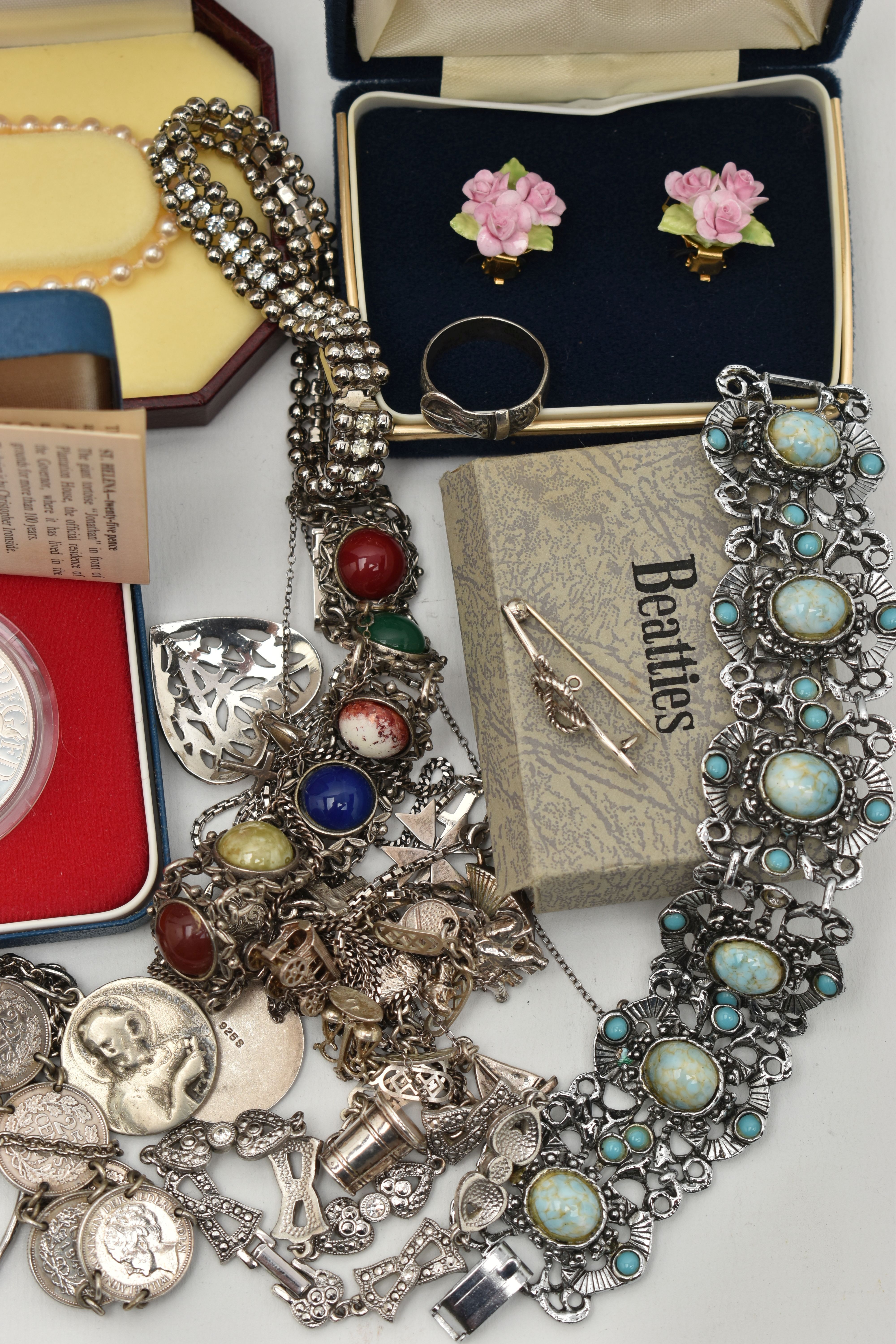 A SELECTION OF SILVER AND WHITE METAL JEWELLERY, COSTUME JEWELLERY AND COINS, to include a charm - Image 2 of 4