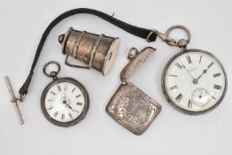 A SMALL COLLECTION OF SILVER ITEMS, to include a silver cased open face pocket watch, key wound