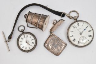 A SMALL COLLECTION OF SILVER ITEMS, to include a silver cased open face pocket watch, key wound