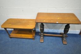 A 20TH CENTURY OAK SIDE TABLE, raised on bulbous turned supports, trestle style feet, united by a