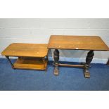 A 20TH CENTURY OAK SIDE TABLE, raised on bulbous turned supports, trestle style feet, united by a