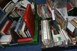 FOUR BOXES OF BOOKS, MAGAZINES & EPHEMERA, to include postcards, greetings cards, badges, calendars,