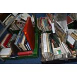 FOUR BOXES OF BOOKS, MAGAZINES & EPHEMERA, to include postcards, greetings cards, badges, calendars,