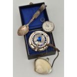 A SMALL ASSORTMENT OF ITEMS, to include an AF key wound open face pocket watch, Roman numerals,