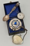 A SMALL ASSORTMENT OF ITEMS, to include an AF key wound open face pocket watch, Roman numerals,