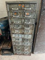 A MID CENTURY JEBCO INDUSTRIAL METAL DRAW UNIT with 22 lift out drawers on 11 bearing runners with