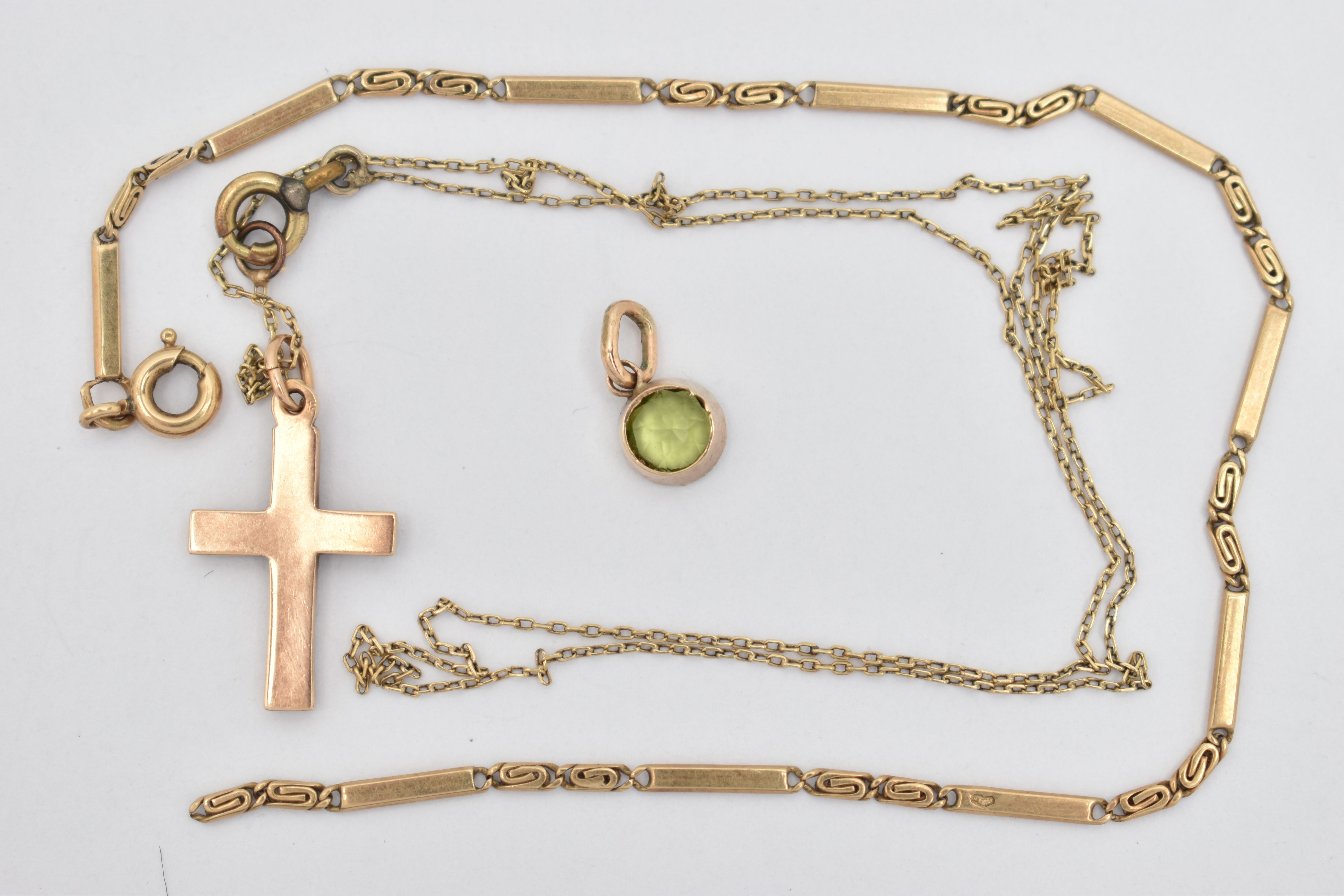 THREE ITEMS OF JEWELLERY, to include a yellow metal, gem set cross pendant suspended from a fine - Image 2 of 2