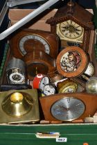 ONE BOX OF CLOCKS, to include three mid-century wooden mantel clocks, a collection of alarm