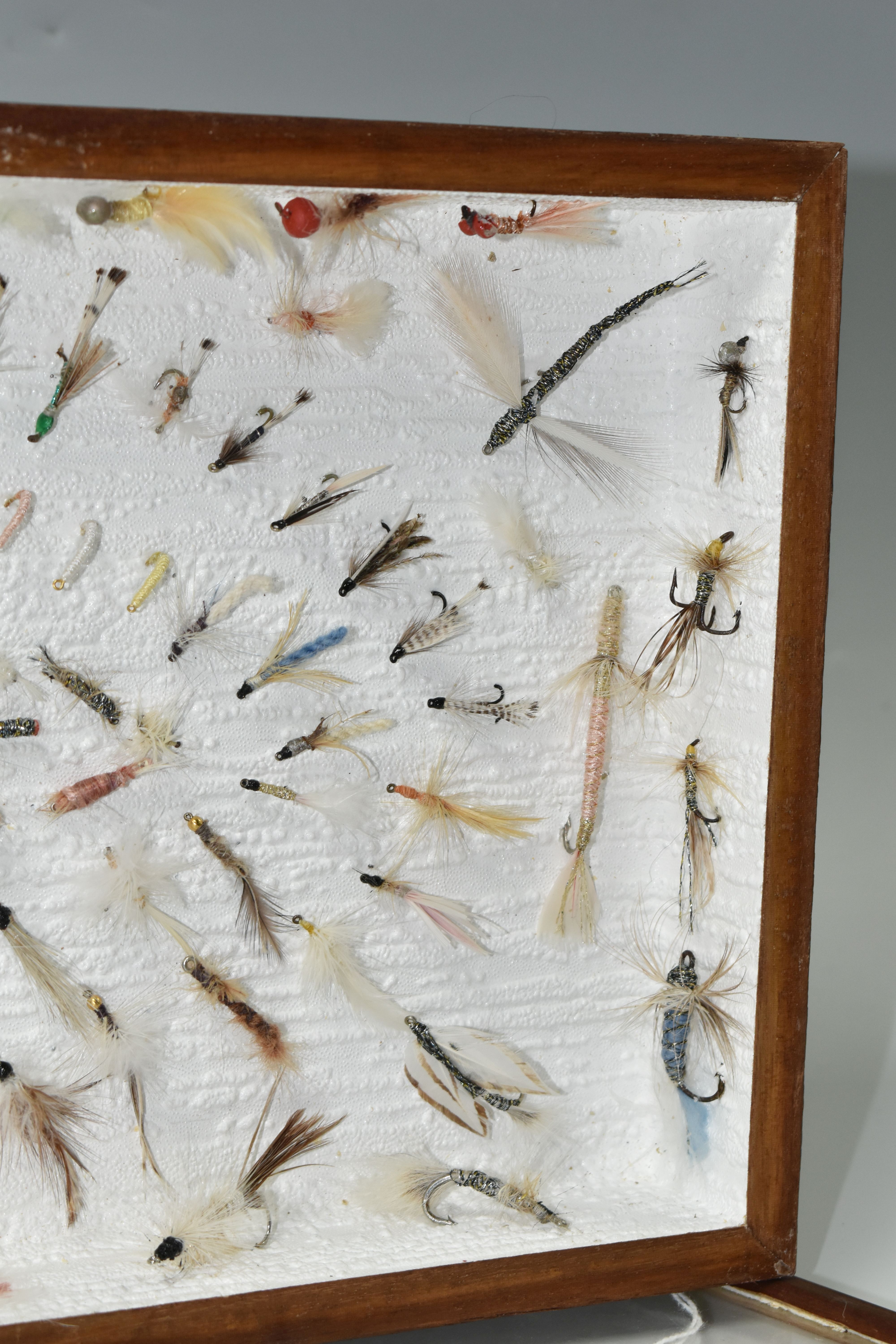 A DISPLAY BOX OF VINTAGE SALMON AND TROUT FLIES, a quantity of flies are mounted into a glass topped - Image 3 of 6