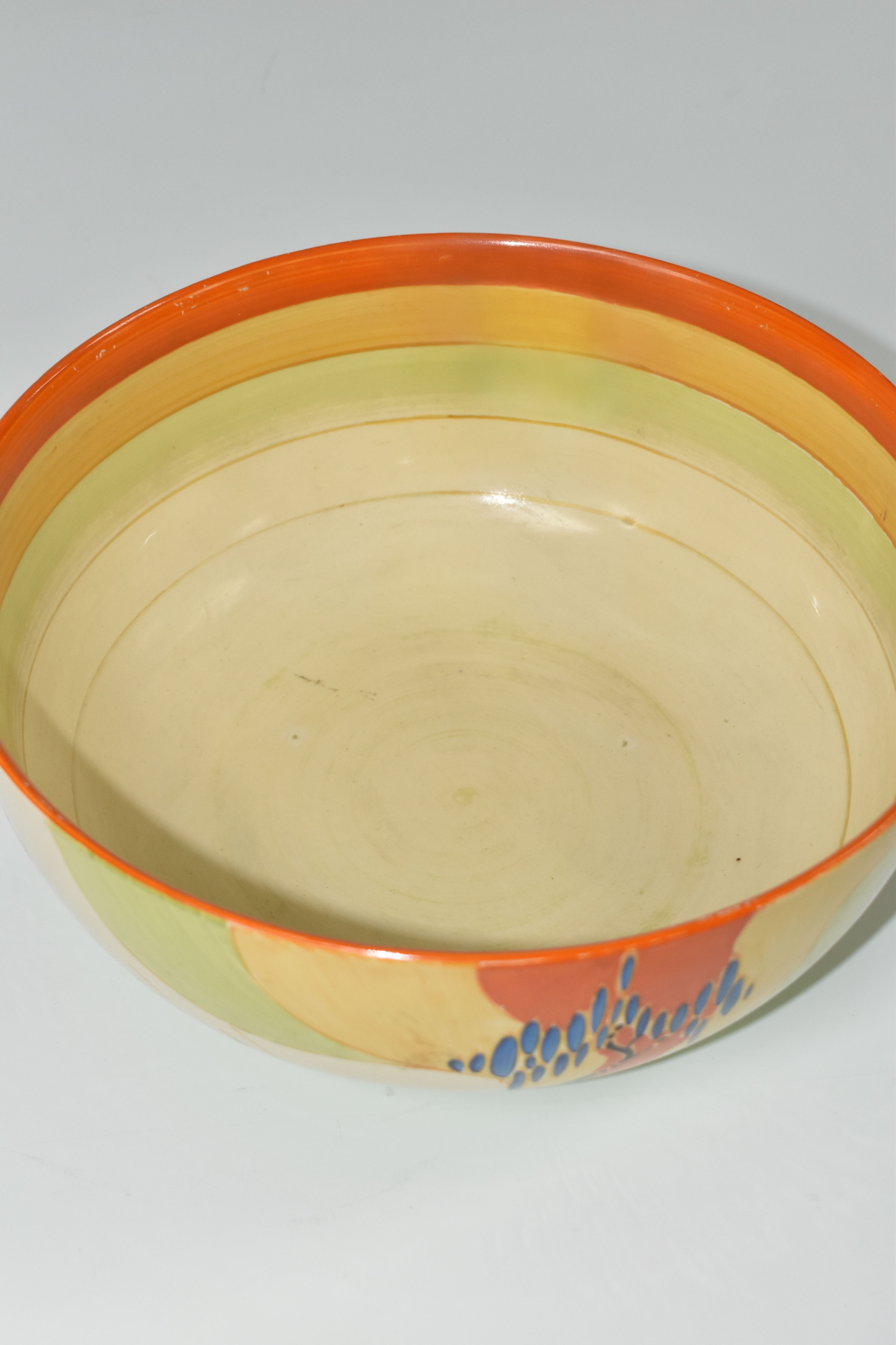 A CLARICE CLIFF 'WINDBELLS' DESIGN BOWL, with a vibrant orange, yellow, green and cream banding on - Image 5 of 7