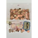 A PLASTIC TUB CONTAINING MIXED COINS AND AMOUNTS OF SPANISH BANKNOTES ETC