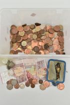 A PLASTIC TUB CONTAINING MIXED COINS AND AMOUNTS OF SPANISH BANKNOTES ETC