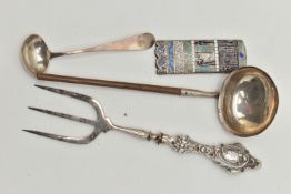 FOUR SILVER/WHITE METAL ITEMS, to include a George III silver toddy ladle, bowl hallmarked 'George