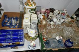 THREE BOXES AND LOOSE CERAMICS AND GLASS WARES ETC, to include eight Royal Grafton 'Winter Scenes'