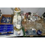 THREE BOXES AND LOOSE CERAMICS AND GLASS WARES ETC, to include eight Royal Grafton 'Winter Scenes'