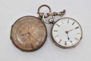 TWO POCKET WATCHES, both key wound movements, the first a silver pocket watch, with a round white