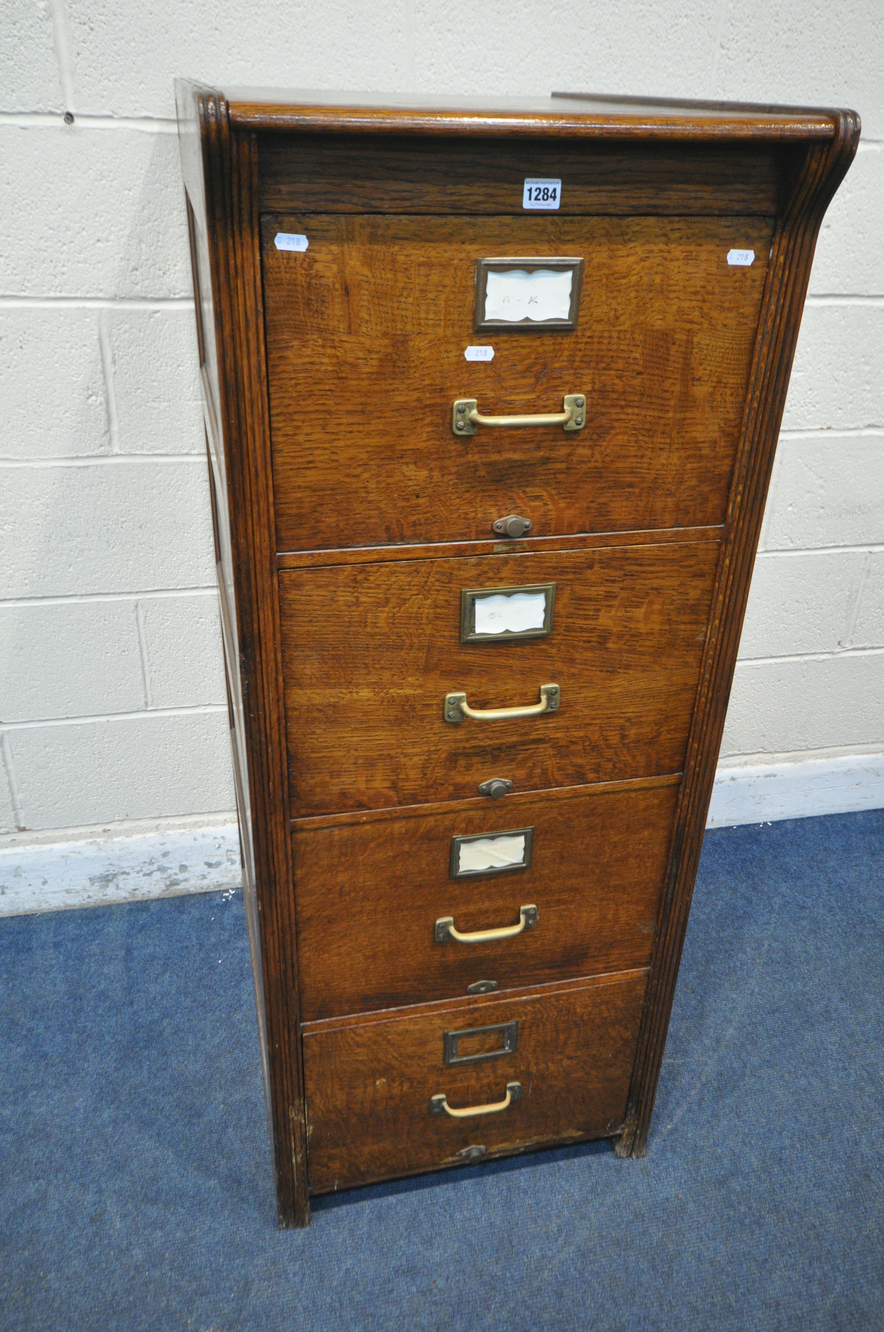 A 20TH CENTURY OAK FOUR DRAWER FILING CABINET, width 53cm x depth 73cm x height 135cm (condition