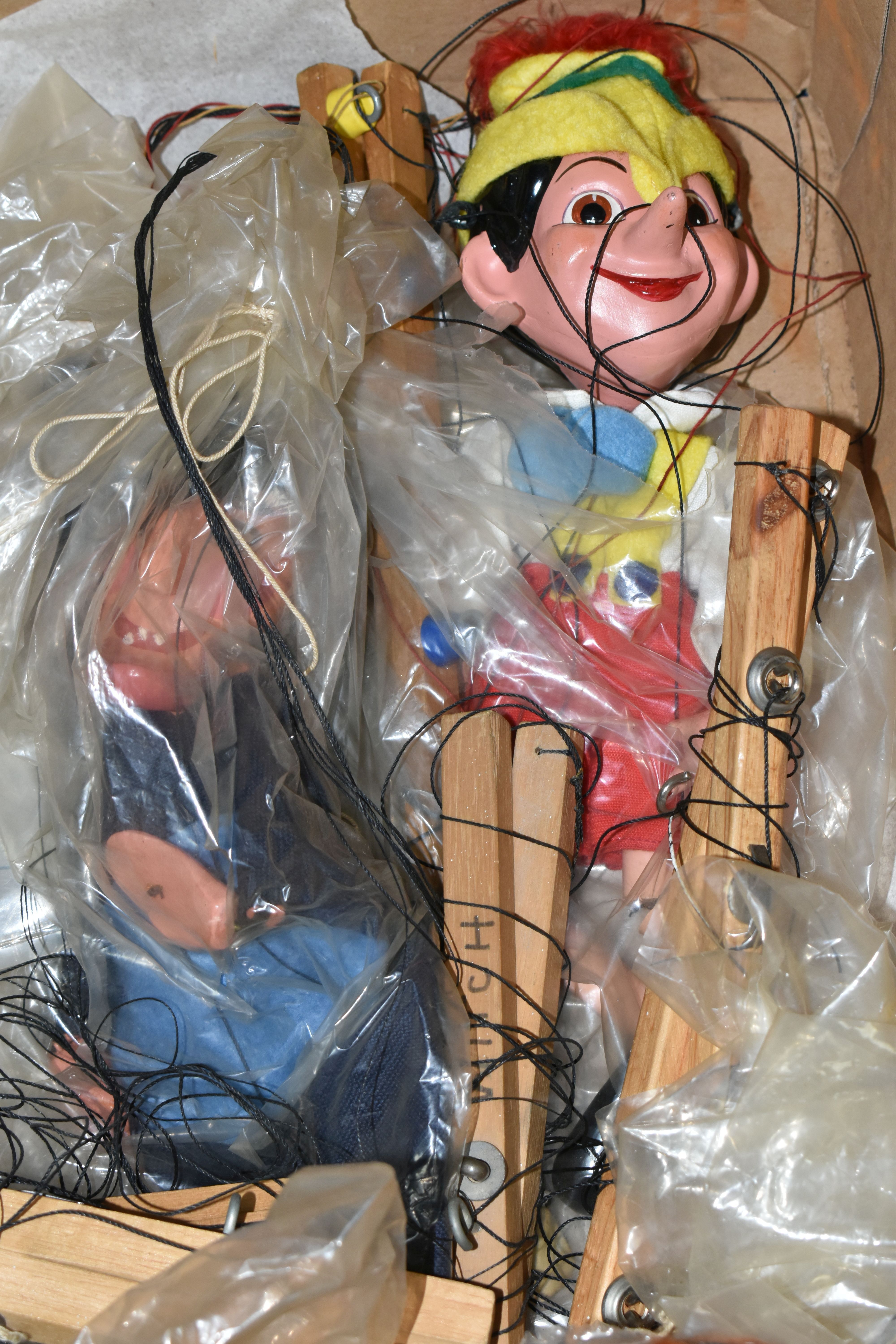 A BOX CONTAINING A PELHAM PINOCCHIO PUPPET AND ELEVEN HOMEMADE PUPPETS, Pinocchio unboxed, the other - Image 5 of 6