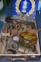 A CASE CONTAINING VINTAGE METAL ITEMS AND A 1972 FA CUP FOLDER OF ESSO MEDALS, ETC, the metal