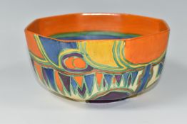 A CLARICE CLIFF BIZARRE KANDINA OCTAGONAL BOWL, the interior painted with bands of orange, green,