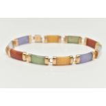 A 9CT GOLD, JADE LINE BRACELET, designed with a row of ten vary colour jade links, lavender,