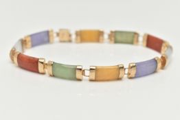A 9CT GOLD, JADE LINE BRACELET, designed with a row of ten vary colour jade links, lavender,