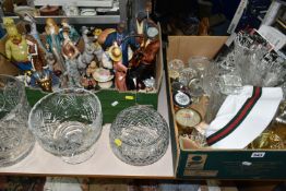 TWO BOXES AND LOOSE GLASSWARE, PIN BADGES, RESIN FIGURES ETC, including three resin musician