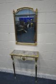 A FRENCH STYLE CREAM AND GILT CONSOLE TABLE, with a reflective insert, foliate decoration, on
