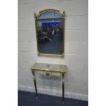 A FRENCH STYLE CREAM AND GILT CONSOLE TABLE, with a reflective insert, foliate decoration, on