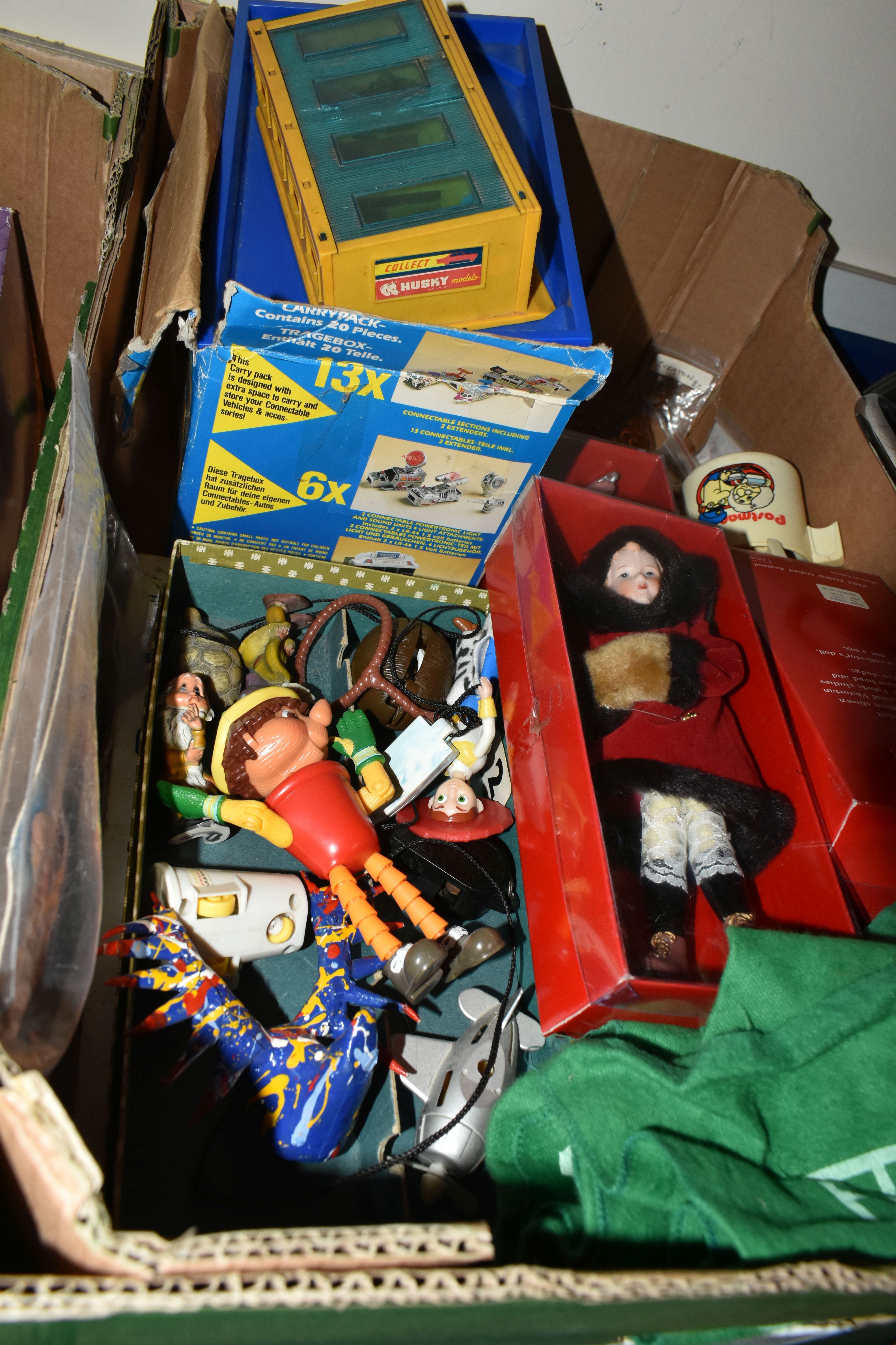 THREE BOXES OF VINTAGE TOYS, DOLLS AND GAMES, to include a porcelain doll with composite body, - Image 7 of 9