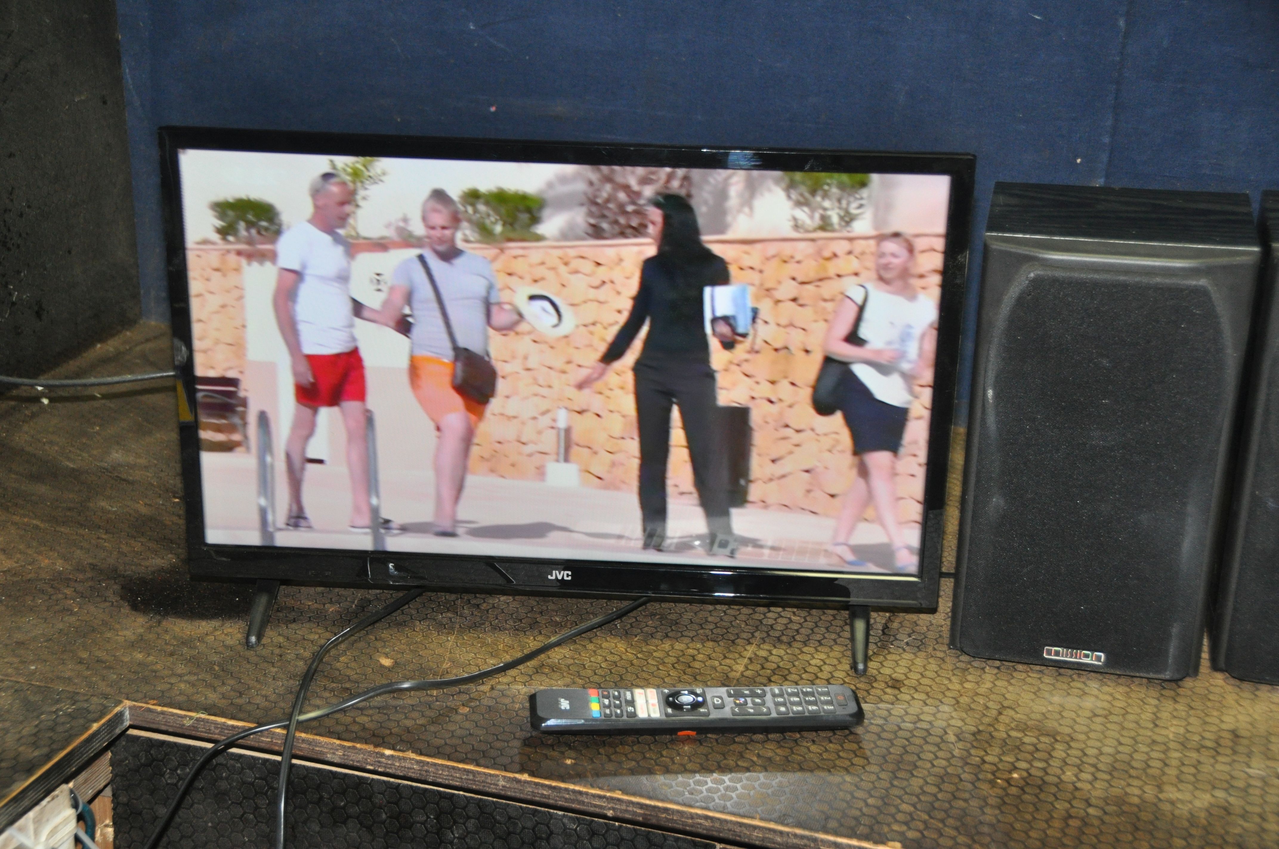 A JVC 24in TV WITH REMOTE, a pair of Mission Hi Fi speakers and a Bush mini Hi Fi with remote and - Image 2 of 3
