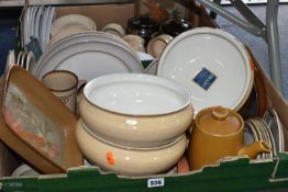 TWO BOXES OF ASSORTED DENBY DINNERWARE, comprising three large 'Luxor' design fruit bowls, 'Savoy'