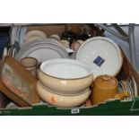 TWO BOXES OF ASSORTED DENBY DINNERWARE, comprising three large 'Luxor' design fruit bowls, 'Savoy'