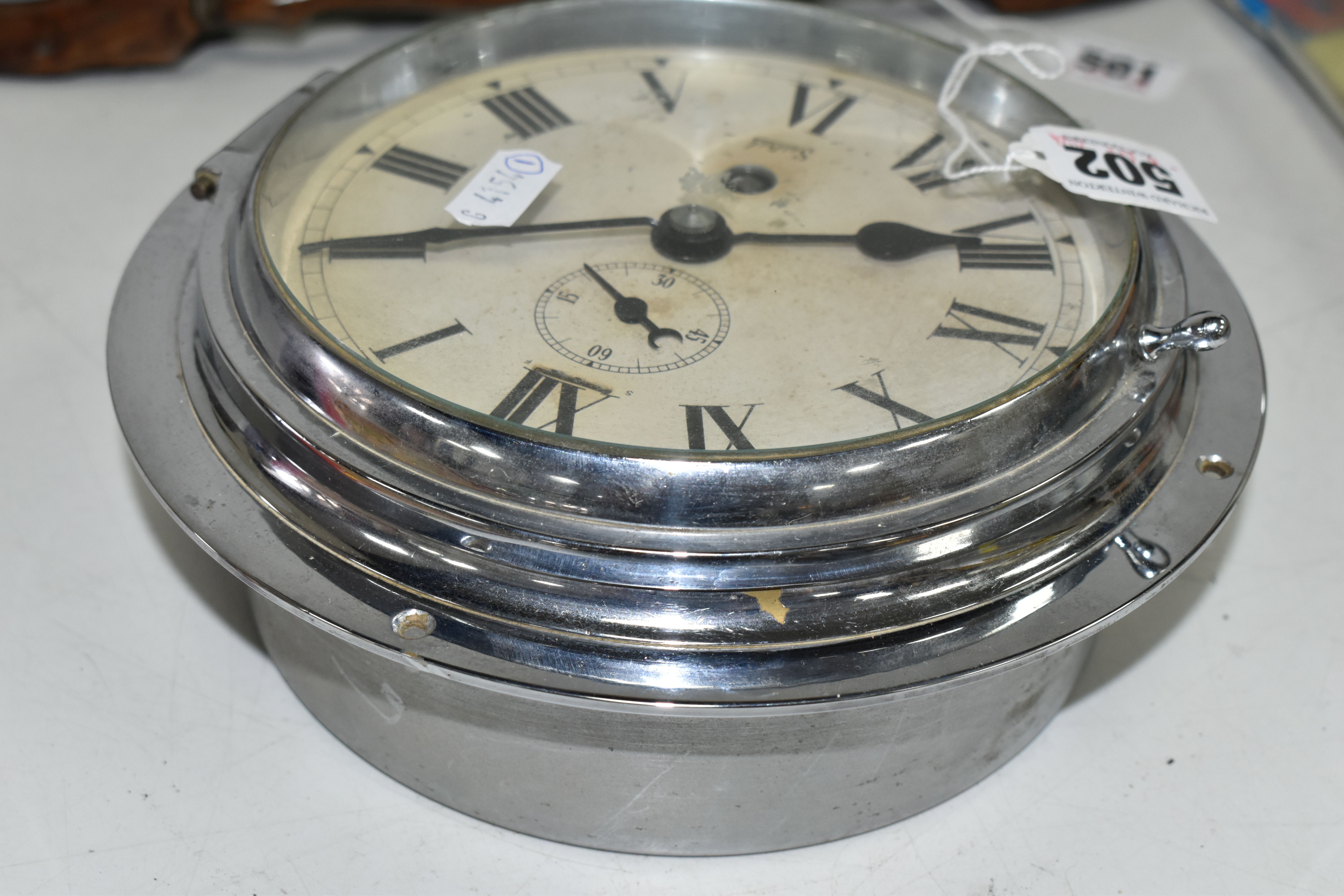 AN EARLY 20TH CENTURY CHROME CASED SESTREL WALL CLOCK, painted dial, Roman numerals, subsidiary - Image 4 of 6