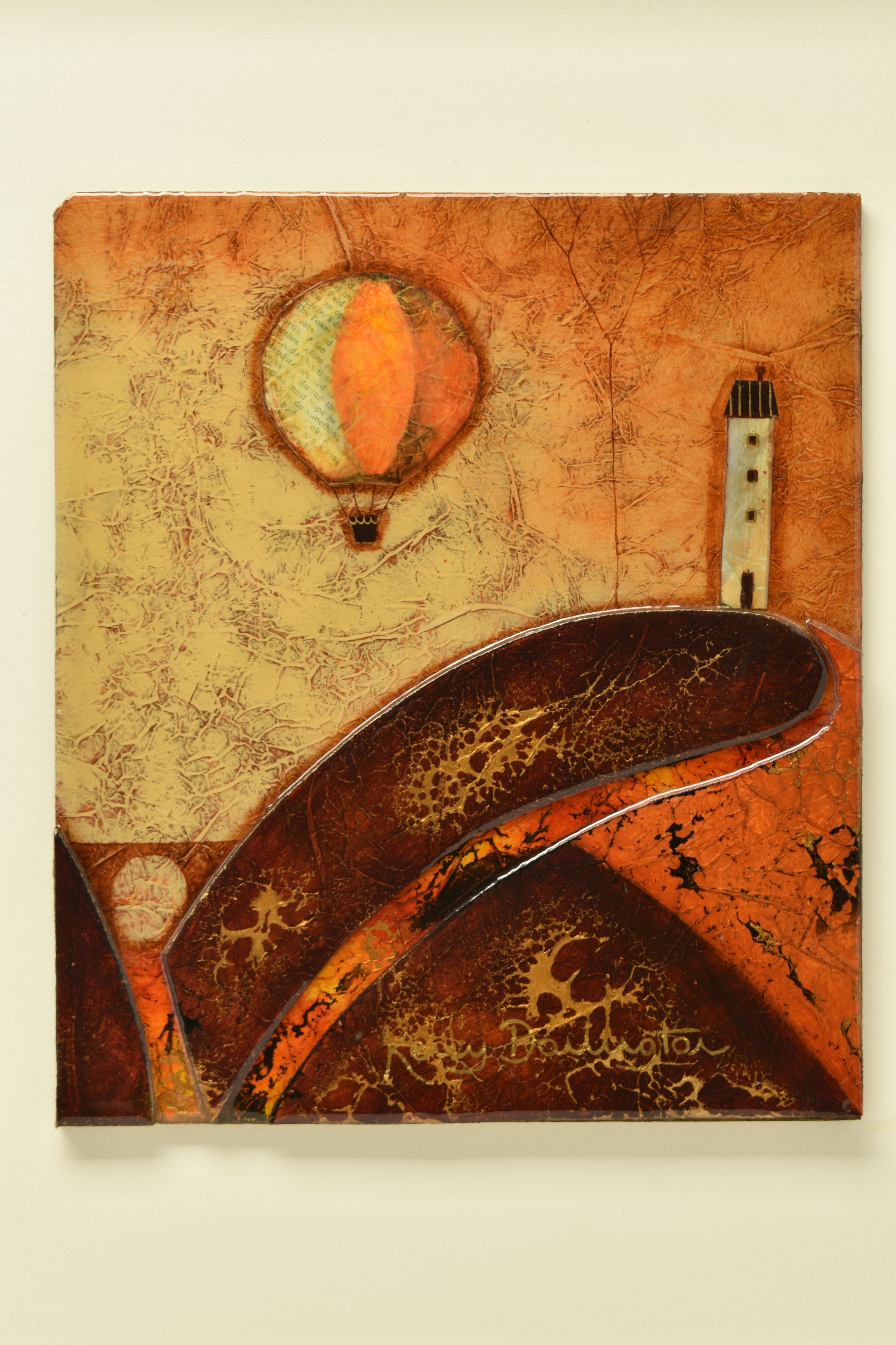 KERRY DARLINGTON (WALES 1974) A TRIPTYCH FANTASY LANDSCAPE, three hot air balloons are flying - Image 6 of 18