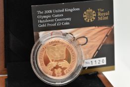 A ROYAL MINT 2008 OLYMPIC GAMES HANDOVER TWO POUNDS GOLD PROOF COIN, .915 fine, 15.98 grams, 28.