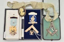 FOUR MASONIC ITEMS, to include a silver Irish Masonic past masters jewel suspended from ribbon,